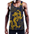 Gold Japanese Dragon Pattern Print Men's Workout Tank Top