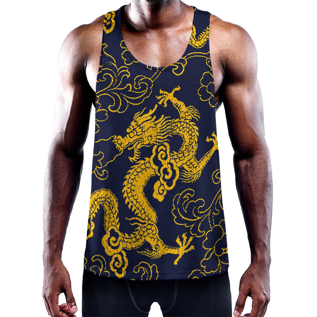 Gold Japanese Dragon Pattern Print Training Tank Top