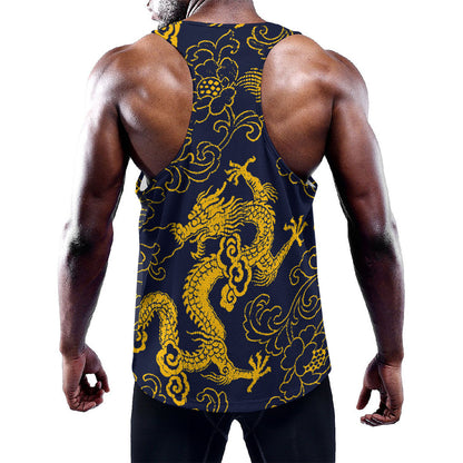 Gold Japanese Dragon Pattern Print Training Tank Top