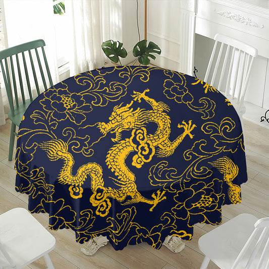Gold Japanese Dragon Pattern Print Waterproof Round Tablecloth