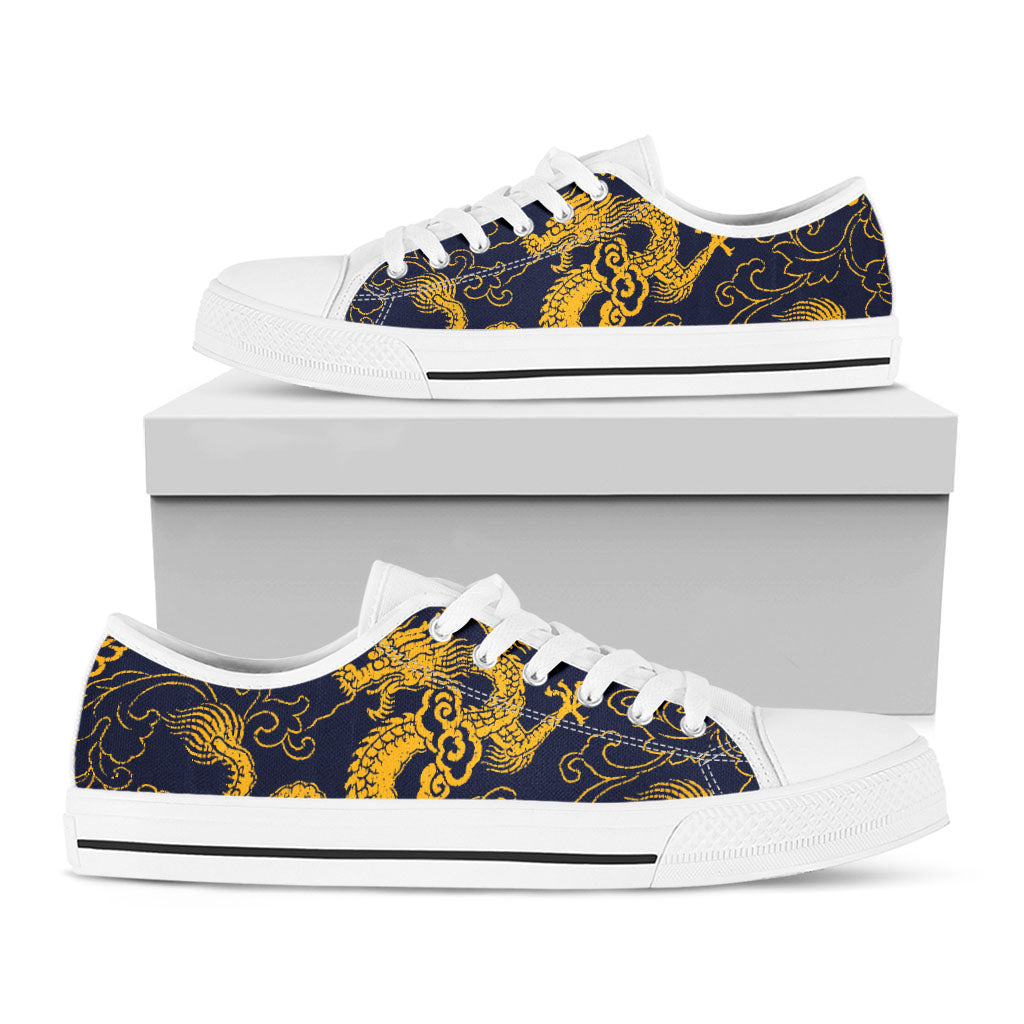 Gold Japanese Dragon Pattern Print White Low Top Sneakers