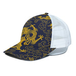 Gold Japanese Dragon Pattern Print White Mesh Trucker Cap