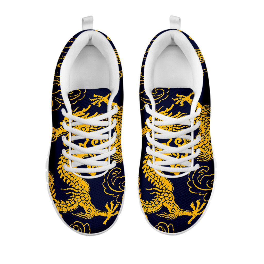 Gold Japanese Dragon Pattern Print White Running Shoes