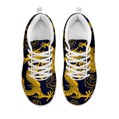 Gold Japanese Dragon Pattern Print White Running Shoes