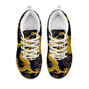 Gold Japanese Dragon Pattern Print White Running Shoes