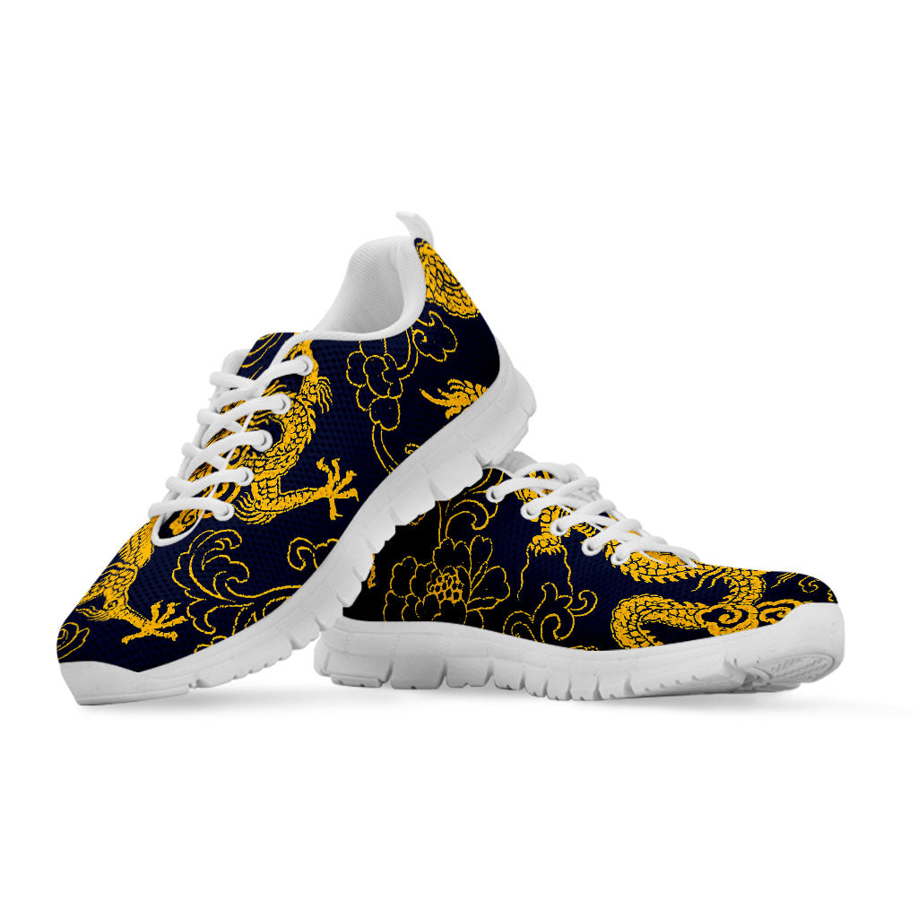 Gold Japanese Dragon Pattern Print White Running Shoes