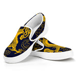 Gold Japanese Dragon Pattern Print White Slip On Sneakers