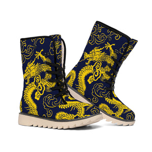 Gold Japanese Dragon Pattern Print Winter Boots