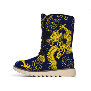 Gold Japanese Dragon Pattern Print Winter Boots