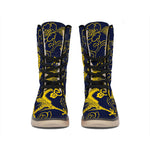 Gold Japanese Dragon Pattern Print Winter Boots