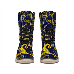 Gold Japanese Dragon Pattern Print Winter Boots