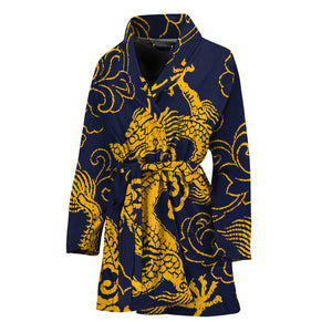 Gold Japanese Dragon Pattern Print Women's Bathrobe