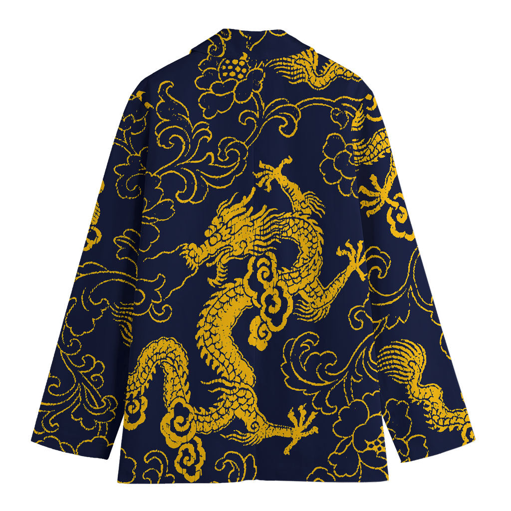 Gold Japanese Dragon Pattern Print Women's Blazer