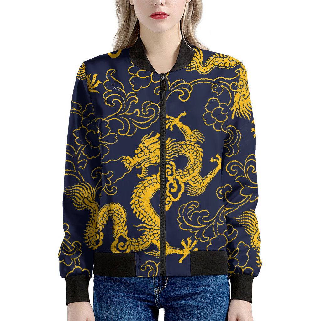 Gold Japanese Dragon Pattern Print Women's Bomber Jacket