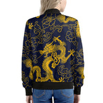 Gold Japanese Dragon Pattern Print Women's Bomber Jacket