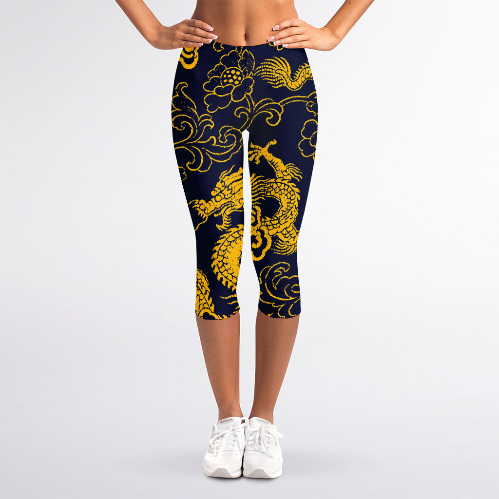 Gold Japanese Dragon Pattern Print Women's Capri Leggings