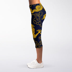 Gold Japanese Dragon Pattern Print Women's Capri Leggings