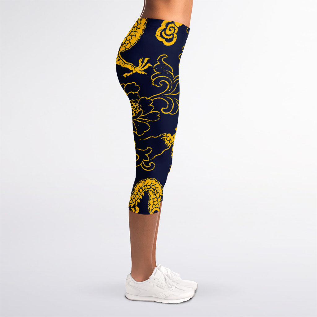 Gold Japanese Dragon Pattern Print Women's Capri Leggings