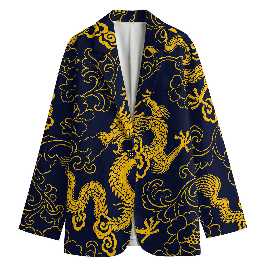 Gold Japanese Dragon Pattern Print Women's Cotton Blazer