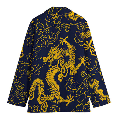 Gold Japanese Dragon Pattern Print Women's Cotton Blazer