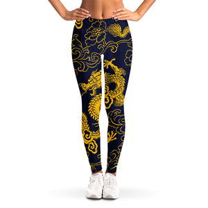 Gold Japanese Dragon Pattern Print Women's Leggings