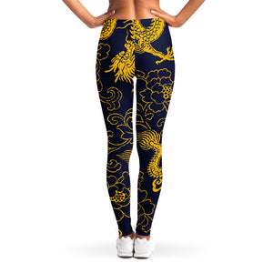 Gold Japanese Dragon Pattern Print Women's Leggings