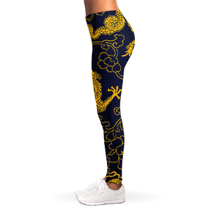 Gold Japanese Dragon Pattern Print Women's Leggings