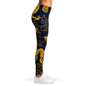 Gold Japanese Dragon Pattern Print Women's Leggings