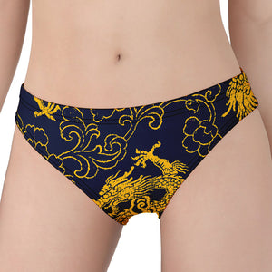 Gold Japanese Dragon Pattern Print Women's Panties