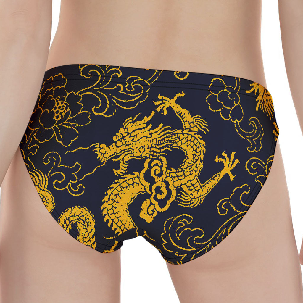 Gold Japanese Dragon Pattern Print Women's Panties