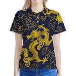 Gold Japanese Dragon Pattern Print Women's Polo Shirt