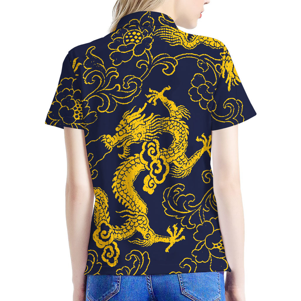 Gold Japanese Dragon Pattern Print Women's Polo Shirt