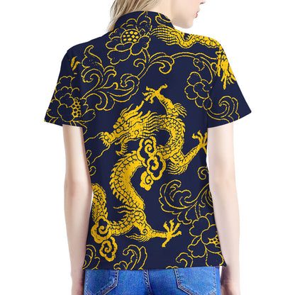 Gold Japanese Dragon Pattern Print Women's Polo Shirt