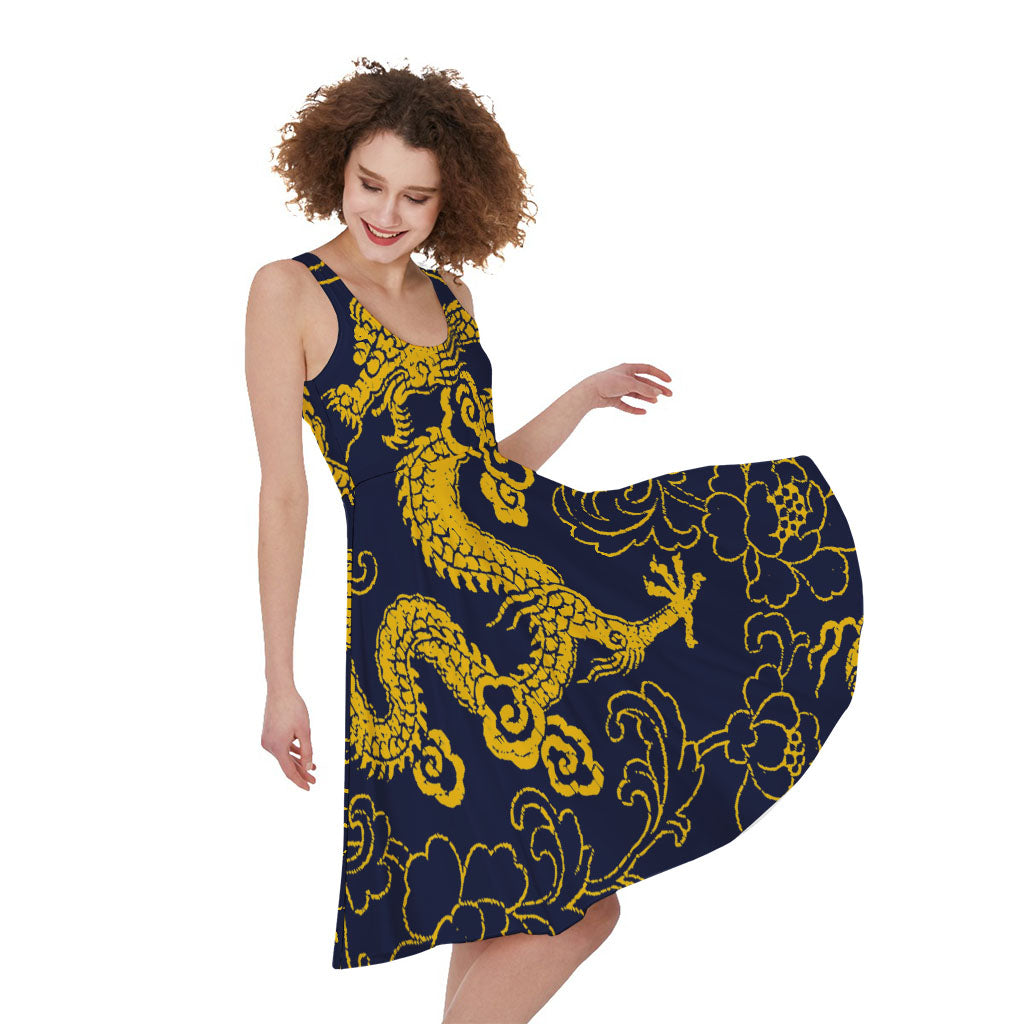 Gold Japanese Dragon Pattern Print Women's Sleeveless Dress