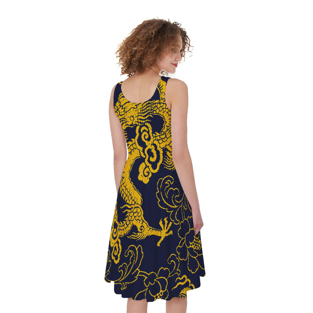 Gold Japanese Dragon Pattern Print Women's Sleeveless Dress