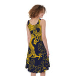 Gold Japanese Dragon Pattern Print Women's Sleeveless Dress