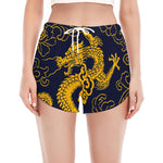 Gold Japanese Dragon Pattern Print Women's Split Running Shorts
