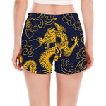 Gold Japanese Dragon Pattern Print Women's Split Running Shorts