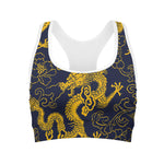 Gold Japanese Dragon Pattern Print Women's Sports Bra
