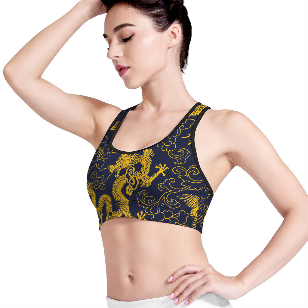 Gold Japanese Dragon Pattern Print Women's Sports Bra