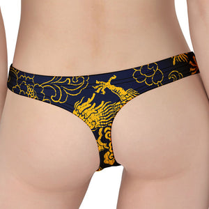 Gold Japanese Dragon Pattern Print Women's Thong