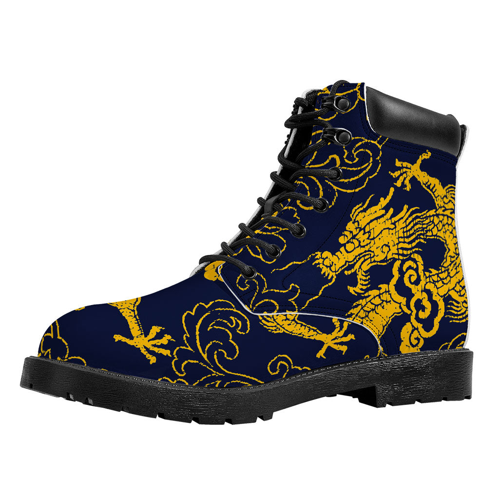 Gold Japanese Dragon Pattern Print Work Boots