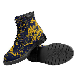 Gold Japanese Dragon Pattern Print Work Boots