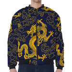 Gold Japanese Dragon Pattern Print Zip Sleeve Bomber Jacket