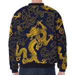 Gold Japanese Dragon Pattern Print Zip Sleeve Bomber Jacket