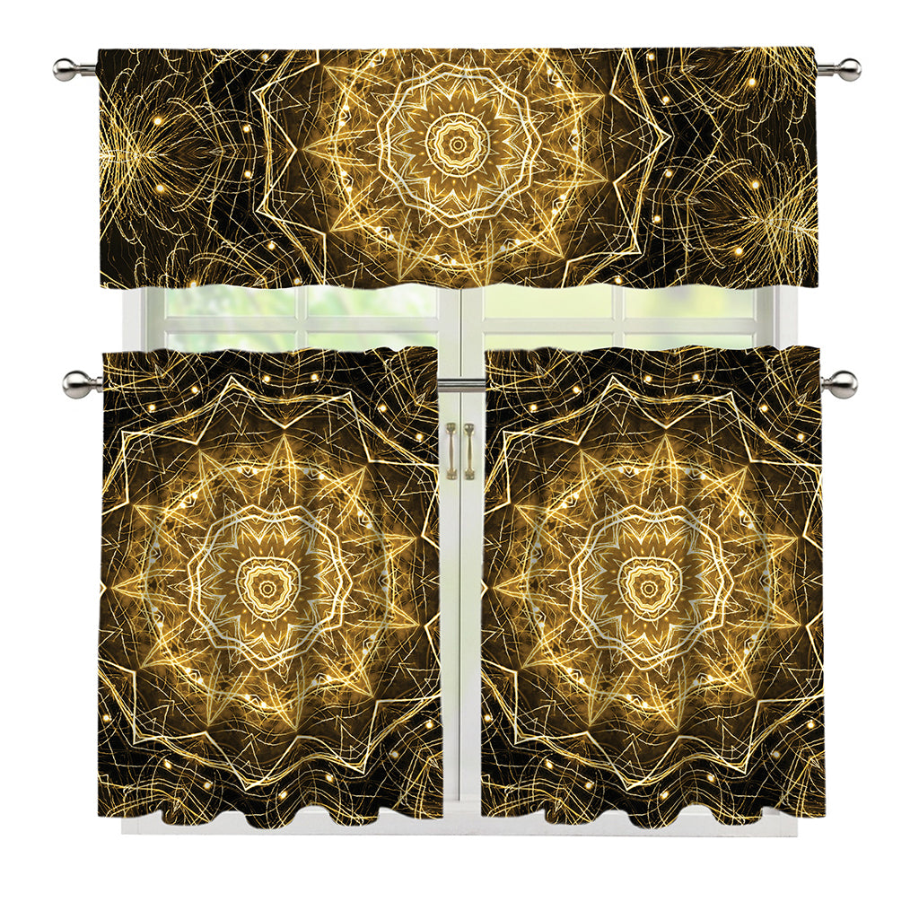 Gold Kaleidoscope Print 3 Piece Kitchen Curtains