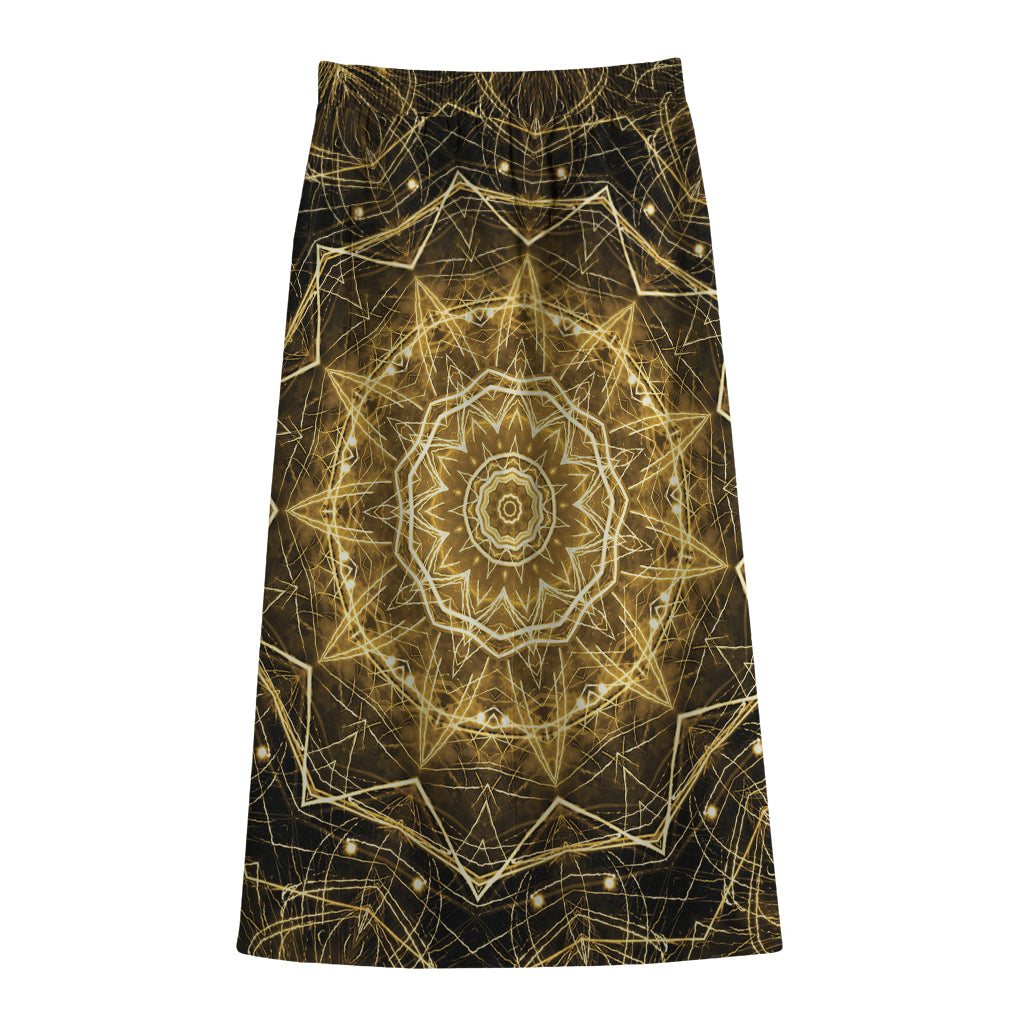Gold Kaleidoscope Print Cotton Front Slit Maxi Skirt