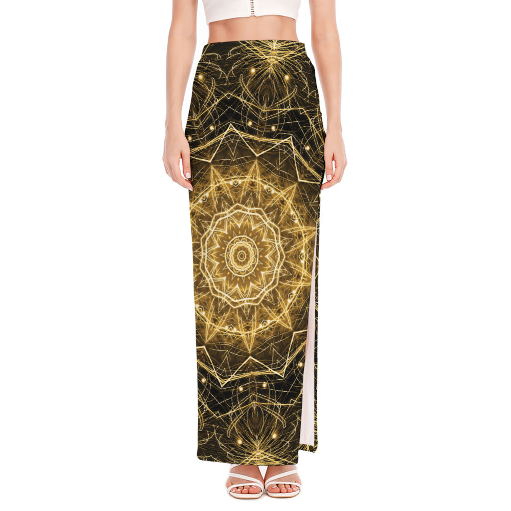 Gold Kaleidoscope Print High Slit Maxi Skirt