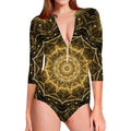 Gold Kaleidoscope Print Long Sleeve Swimsuit