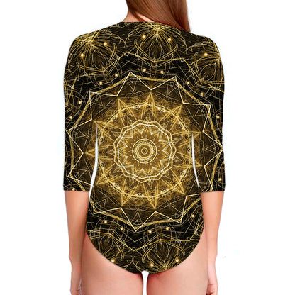 Gold Kaleidoscope Print Long Sleeve Swimsuit